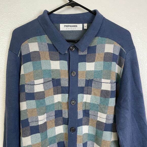 Propaganda Agency Cardigan Sweater Mens XL Blue Check Button Up Pima Cotton - Picture 3 of 10